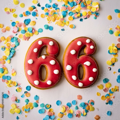 Decorated cookie, number 66, image for birthday or anniversary celebration