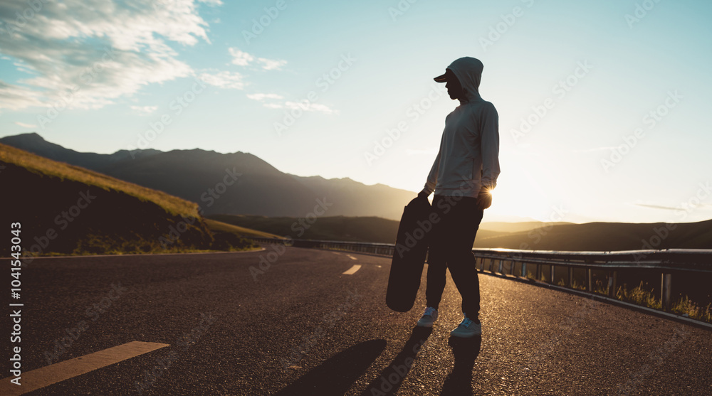 Skateboarder skateboarding on the sunset mountain top road Skateboarder skateboarding on the sunset mountain top road