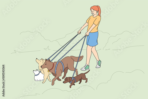 Woman walks dogs of different breeds, enjoying opportunity to spend time in fresh air with pets