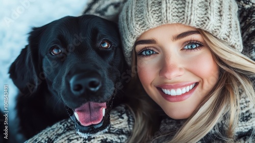 Close-up portrait of a smiling woman wearing a knitted hat, snuggled with her cheerful black dog against a snowy backdrop, embodying warmth and joy.