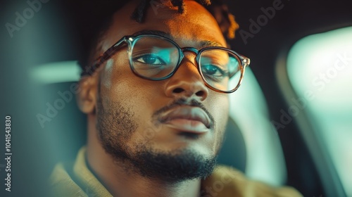 A young man with glasses sits calmly in a vehicle, gazing forward, expressing determination and foresight in a modern, self-assured, and contemplative manner. photo