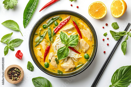 chicken curry top view on white background isolated