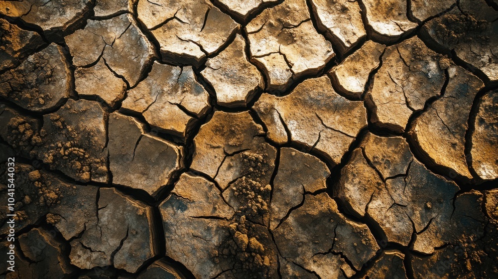 Dried-up lake with deeply cracked clay soil, showcasing a harsh, parched landscape during the dry season, symbolizing the global shortage of water and climate change.