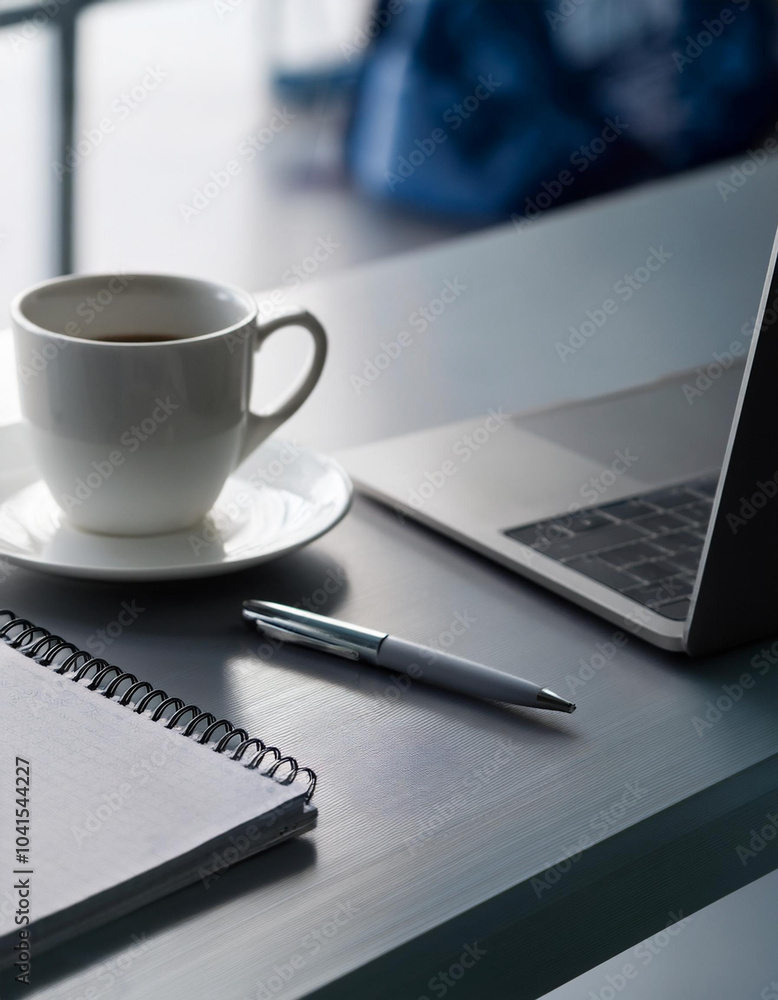 a work desk. Office desk setup with laptop, coffee cup, pen and notebook, all in a minimalist style a work desk. Office desk setup with laptop, coffee cup, pen and notebook, all in a minimalist style