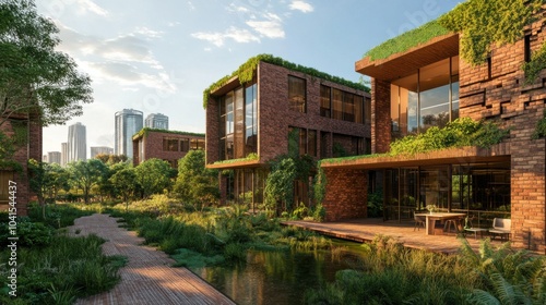This is a low-energy brick office complex with solar windows and green walls. A sustainable design offering a perfect view of the skyline and nearby park.