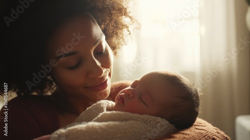 Mother joyfully gazing at her peacefully sleeping newborn in a warm and cozy home setting photo