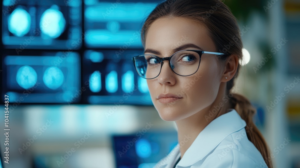 Fototapeta premium Portrait of a female physician positioned in front of a computer display