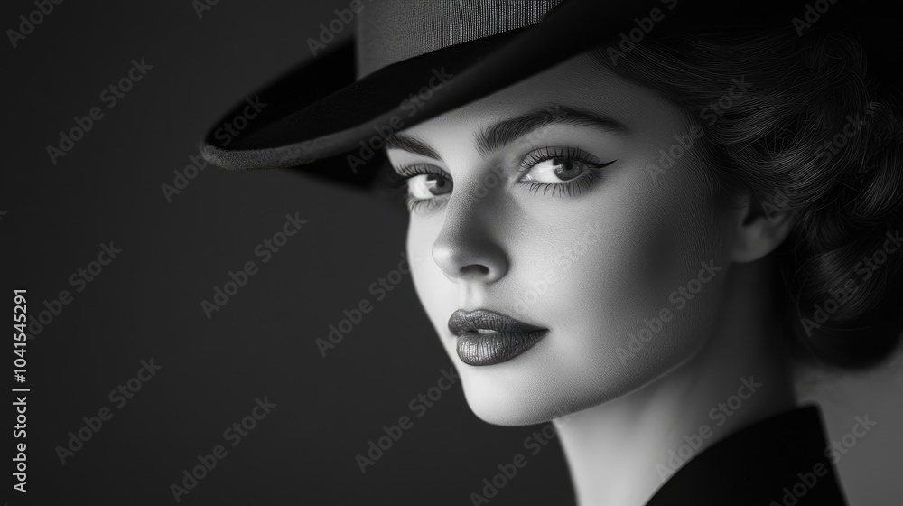 A stunning black and white portrait of an elegant woman in a vintage hat highlighting her graceful features and soft lighting A stunning black and white portrait of an elegant woman in a vintage hat highlighting her graceful features and soft lighting