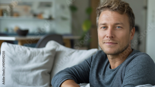Middle-aged Caucasian man sitting comfortably on a sofa at home.