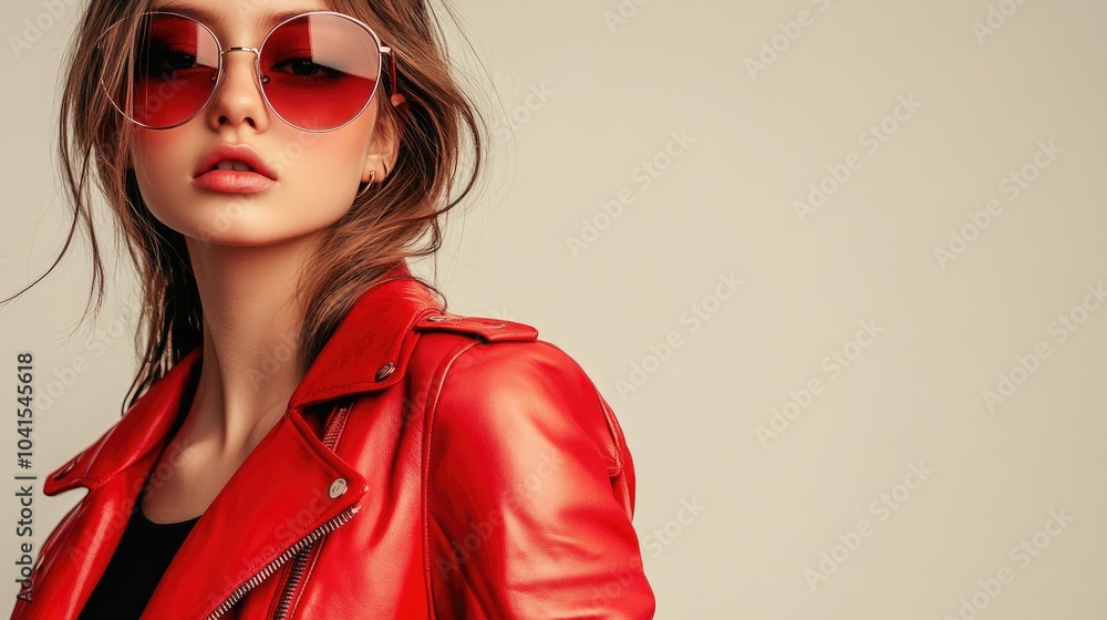 Trendy young girl in a chic red leather jacket and sunglasses showcasing a fashionable look in a studio portrait with space for text alongside Trendy young girl in a chic red leather jacket and sunglasses showcasing a fashionable look in a studio portrait with space for text alongside