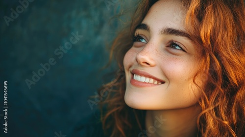 Joyful young woman glancing off to the side with a happy smile