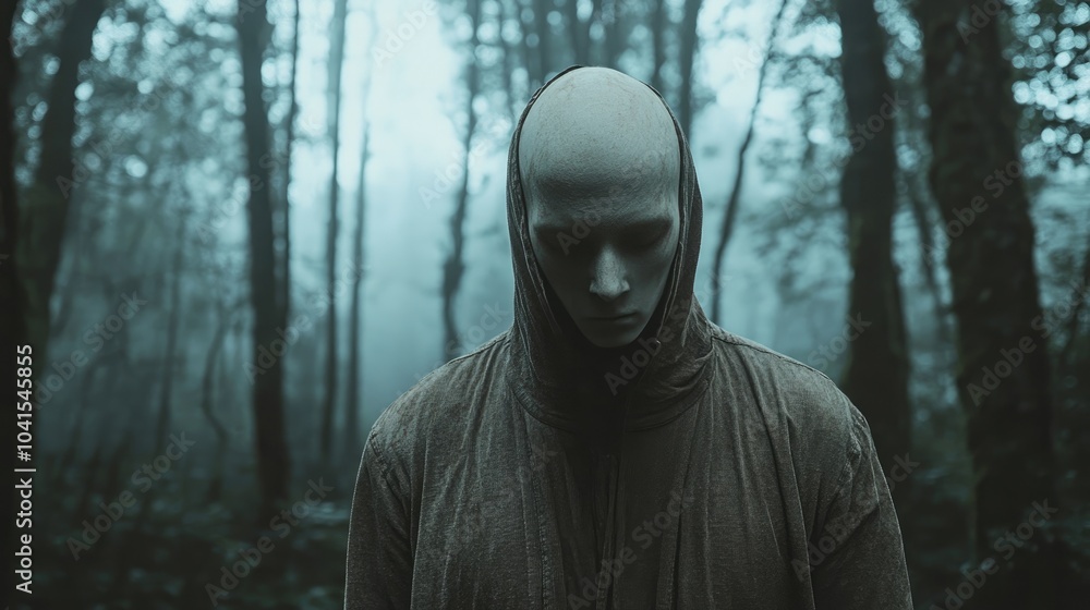 Isolated sorrowful bald faceless figure in a misty forest evoking a sense of horror Isolated sorrowful bald faceless figure in a misty forest evoking a sense of horror