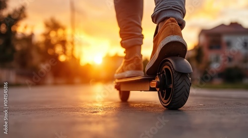 Someone's feet in orange sneakers are seen riding a scooter toward a vibrant sunset, capturing a moment of freedom and adventure on an urban street.