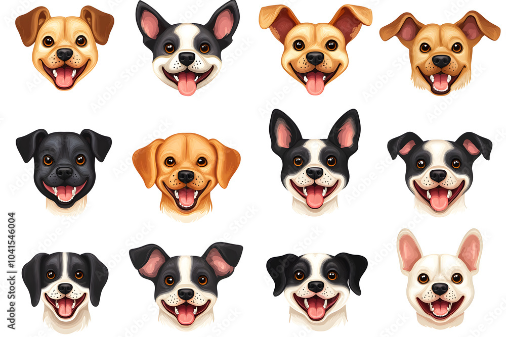 Fototapeta premium Collection of cartoon style dog faces isolated on white background