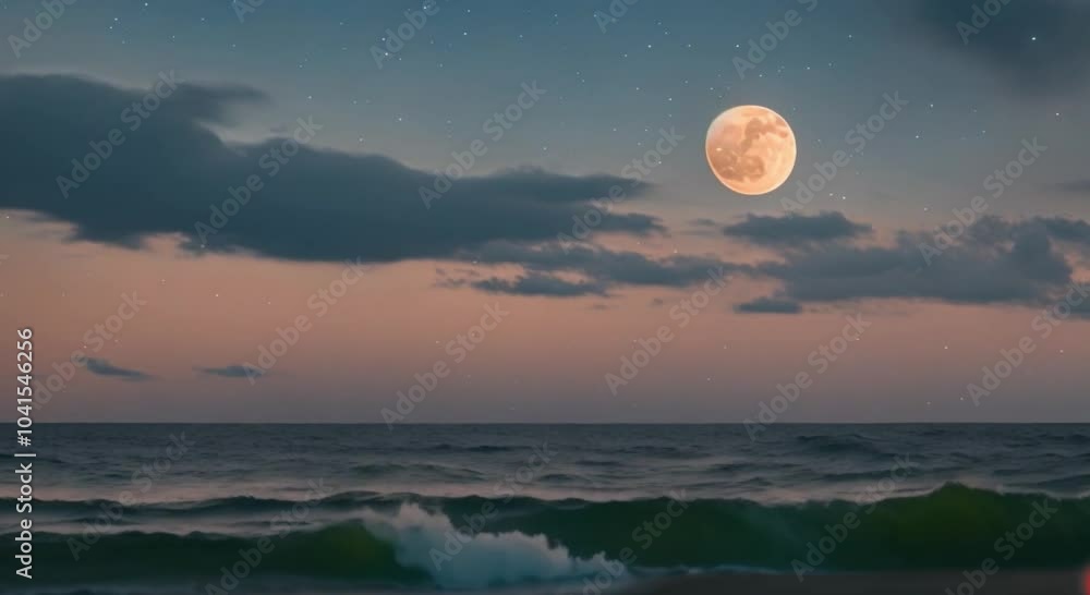 Dramatic natural sky with round moon in the sea