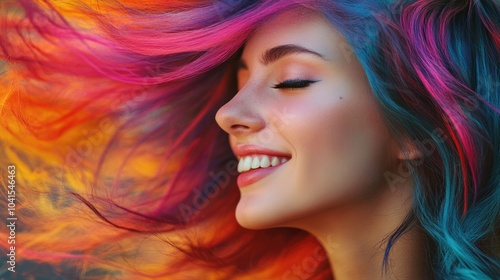 Joyful woman showcasing a vibrant multicolored hairstyle