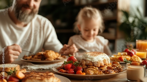 A heartwarming scene of a family enjoying a brunch spread featuring pancakes, buttery toast, fresh strawberries, and orange juice, capturing a perfect weekend moment.