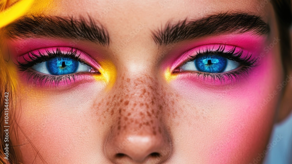 Obraz premium Vibrant Close up Portrait of a Young Fashion Model Showcasing Striking Blue Eyes and Artistic Makeup in Shades of Pink and Yellow