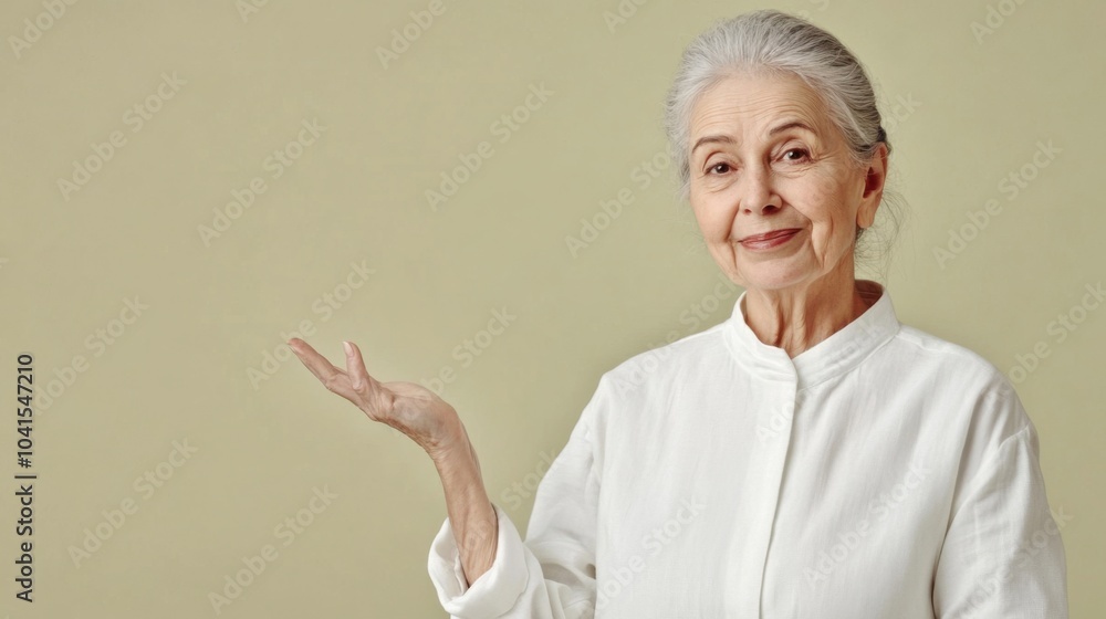 Stylish elderly woman in a modern white outfit, introducing empty space with an open hand, isolated on a light olive background. Stylish elderly woman in a modern white outfit, introducing empty space with an open hand, isolated on a light olive background.