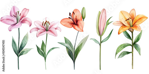 Watercolor lily flowers collection isolated on a white background	