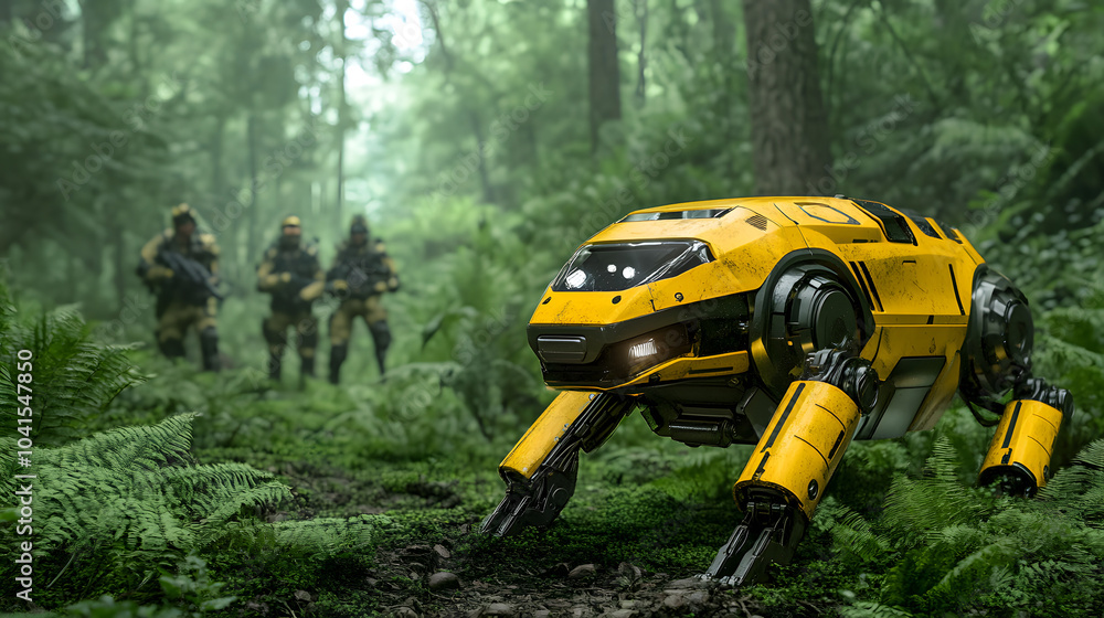 A Robotic Dog in Action During Search and Rescue Operations in a Dense Forest, Displaying Exceptional Agility and Technology A Robotic Dog in Action During Search and Rescue Operations in a Dense Forest, Displaying Exceptional Agility and Technology