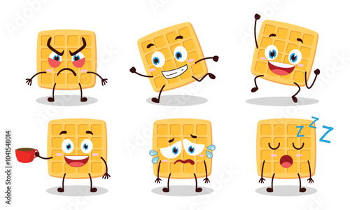 funny waffle cartoon character with various pose activity design illustration