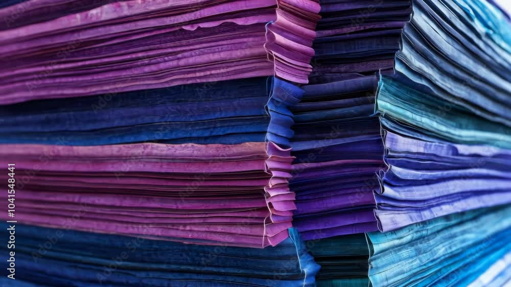 A stack of folded purple, blue, and teal fabric A stack of folded purple, blue, and teal fabric