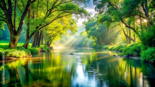 Serene river scene with lush green trees and sunlight shining through, tranquil landscape, nature's beauty