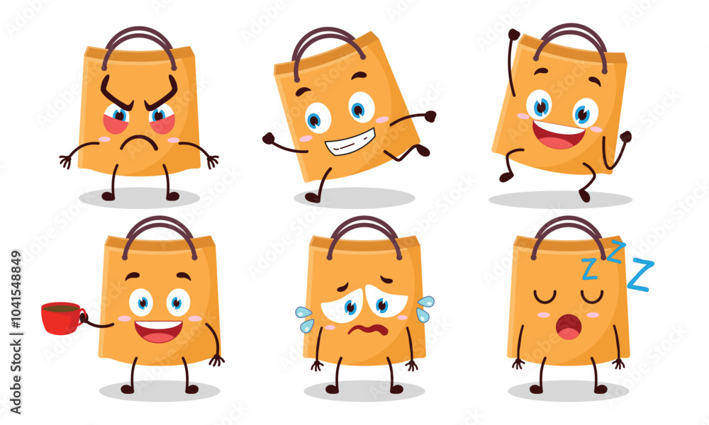 funny shopping bag cartoon character with various pose activity design illustration funny shopping bag cartoon character with various pose activity design illustration