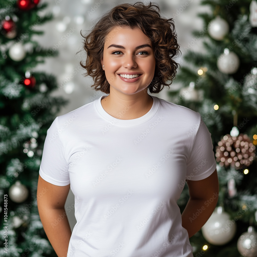 Product photo of blank white t-shirt, plus size woman with short hair in front of white and green Christmas background Product photo of blank white t-shirt, plus size woman with short hair in front of white and green Christmas background