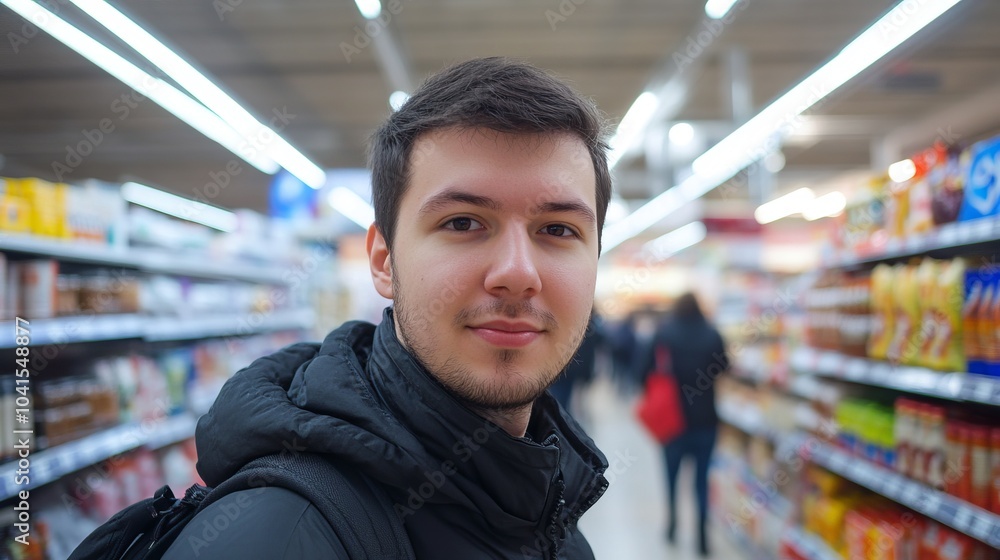 Young Man Shopping in a Supermarket Aisle Young Man Shopping in a Supermarket Aisle