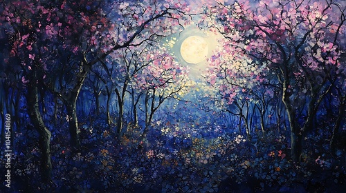 A moonlit forest radiant blooms under the glow of a full moon in a mystical night landscape photo