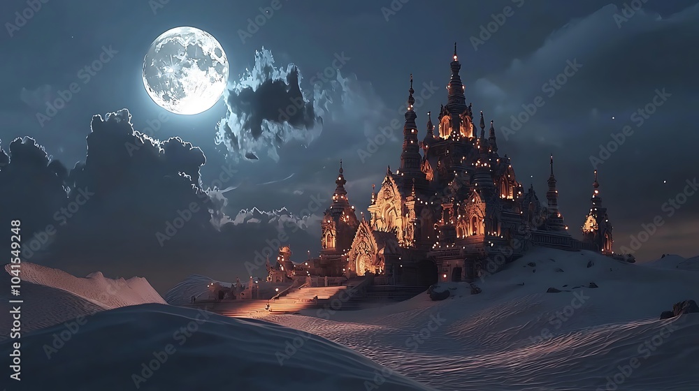Naklejka premium A majestic temple surrounded by shifting dunes under the glowing moonlight a mystical architectural marvel