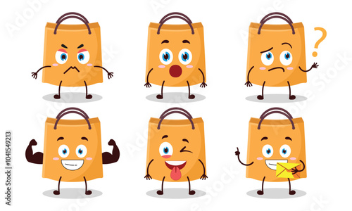 funny shopping bag cartoon with different expressions character design illustration