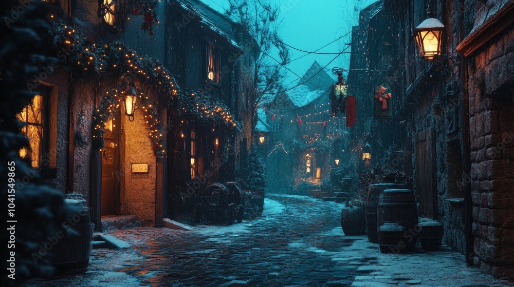 A street in a historic European town on a Christmas night A street in a historic European town on a Christmas night