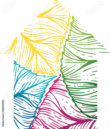 Eco pattern from multicolored leaves in the house shape