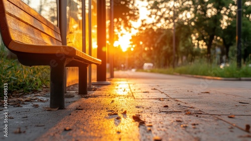 A deserted park bench bathes in the warm glow of a golden sunset, which casts long shadows across a leaf-strewn sidewalk, creating a serene evening atmosphere. photo