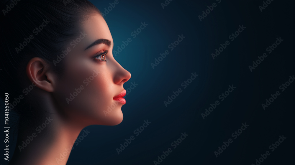 Fototapeta premium captivating profile of young woman with striking features, showcasing her elegant silhouette against dark background.
