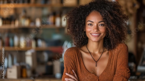 A beautifully curly-haired woman enjoys a relaxed moment in a cozy cafe, exuding warmth and charm as she offers a gentle smile amidst a rustic, welcoming backdrop. photo