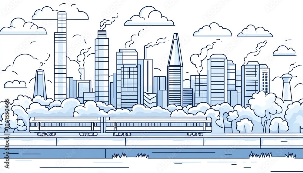Obraz premium Dynamic vector illustration of a highway with a train and a modern urban landscape, including a thermal power plant illustrated in crisp black outlines