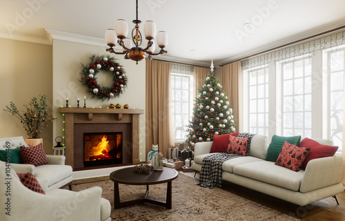 A cozy holiday living room with a beautifully decorated Christmas tree and a warm fireplace.