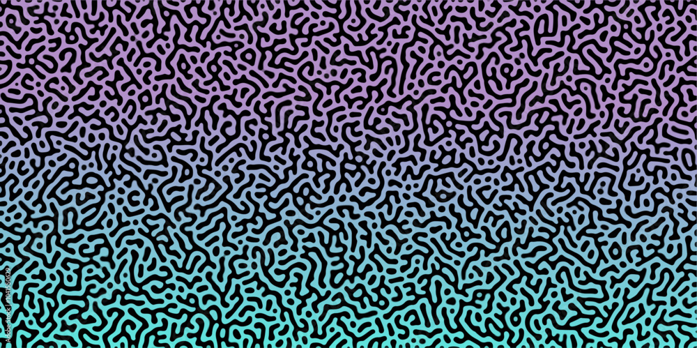 Fototapeta premium Abstract Reaction-diffusion Turing pattern natural texture blue and purple gradient color scheme. Linear design with biological algorithm psychedelic background. Reaction-diffusion or truing patter