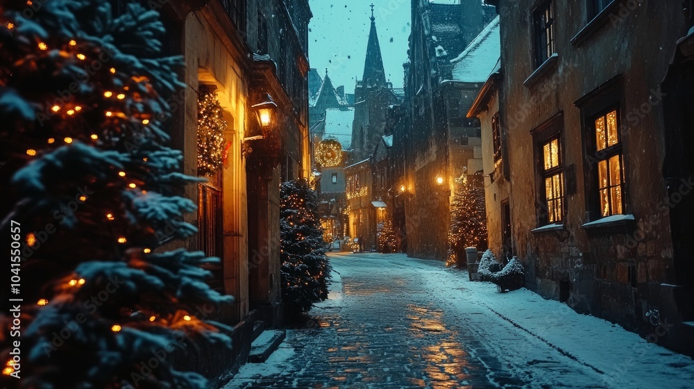 A street in a historic European town on a Christmas night A street in a historic European town on a Christmas night