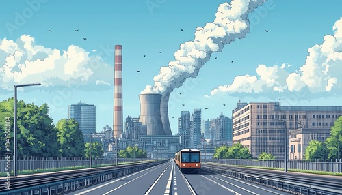 Stylish vector illustration of a highway scene with a train and a modern town, showcasing a thermal power plant in the background with black outline details