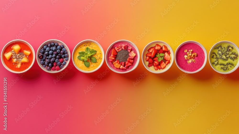 A colorful rainbow of smoothie bowls with various fruit toppings, arranged in a line, symbolizing health diversity, Generative AI A colorful rainbow of smoothie bowls with various fruit toppings, arranged in a line, symbolizing health diversity, Generative AI