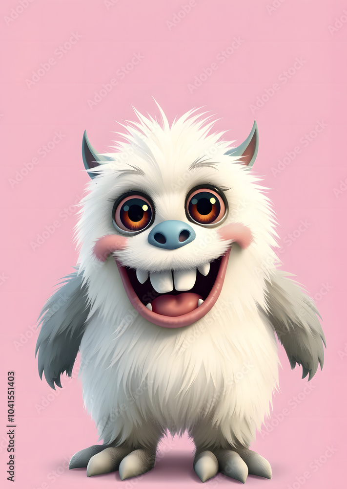 Obraz premium Funny fluffy monster isolated on transparent pink background. Joyful and fluffy little monster. Cute yeti. Halloween character.