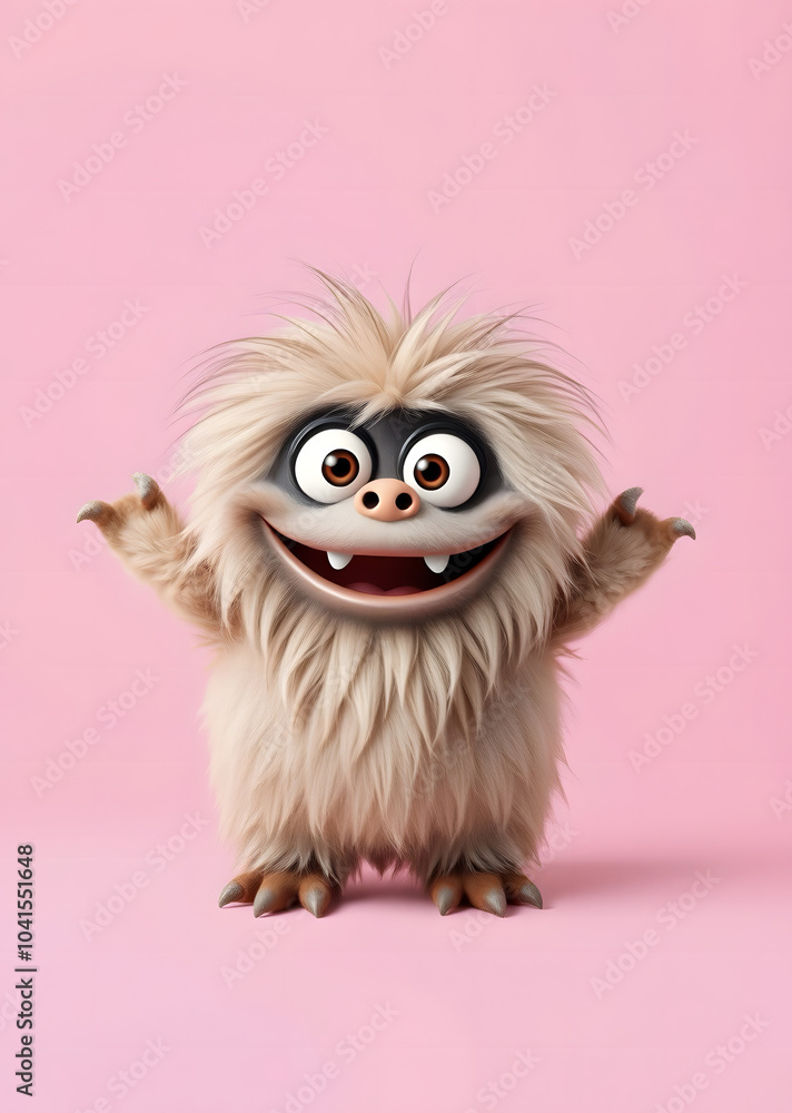 Funny fluffy monster isolated on transparent pink background. Joyful and fluffy little monster. Cute yeti. Halloween character.