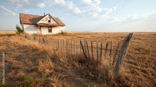 An old, abandoned house stands in a dry, barren landscape with brown grass and a weathered, leaning fence under a partly cloudy sky, evoking a sense of nostalgia and solitude. photo