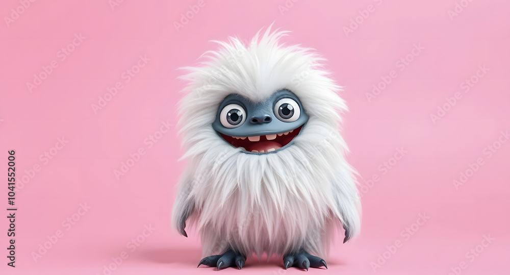 Obraz premium Funny fluffy monster isolated on transparent pink background. Joyful and fluffy little monster. Cute yeti. Halloween character.