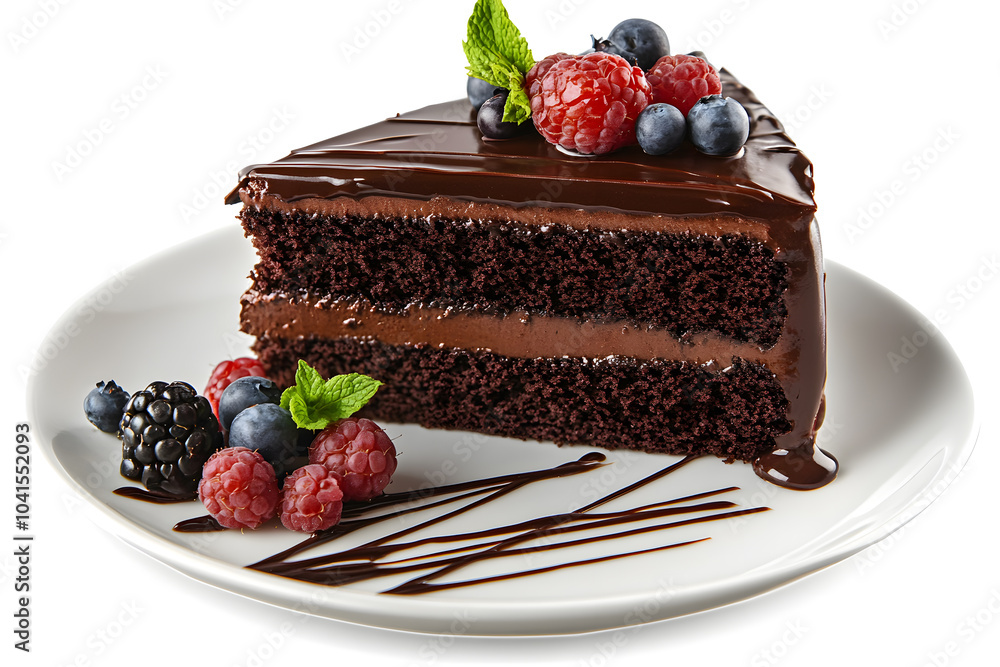 Chocolate cake slice with delicious glaze and berries on a white plate isolated on white background Chocolate cake slice with delicious glaze and berries on a white plate isolated on white background